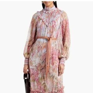 Zimmermann Botanica Belted Smocked Silk-georgette Midi Dress 0P
